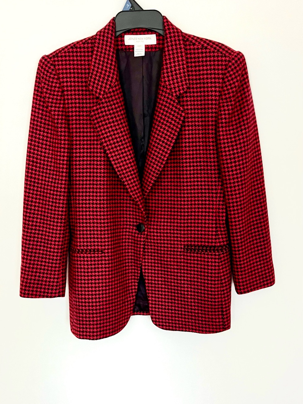 Vintage Jones New York Petite Red Black Houndstooth 100% Worsted Wool Blazer 12P